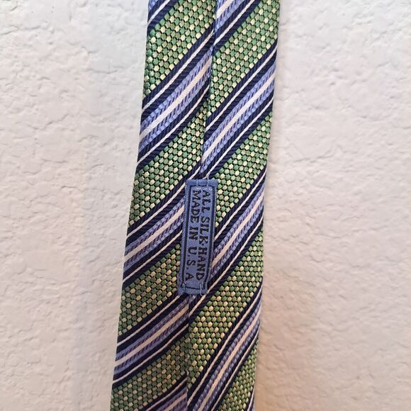 JZ Richards Men's Neck Tie All Silk Handmade In U.S.A 57" Green Blue Striped - Picture 5 of 5
